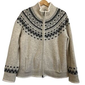 L.L. Bean 100% Lambswool Fair Isle Nordic Full Zip Sweater Sherpa-Lined Large